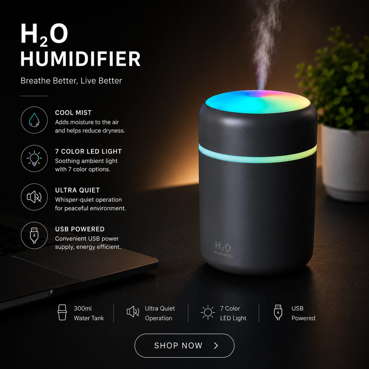H2O Humidifier | Breath better, Live better | USB Powered | Ultra Quiet