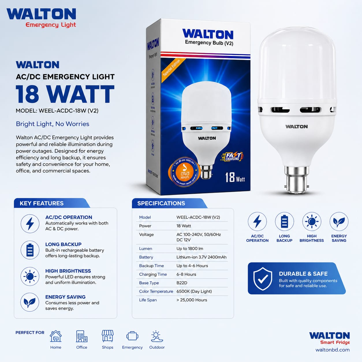 Walton 18W Fast Charging LED Bulb | AC DC LED Light Indoor Residential LED Emergency Lights_img_2