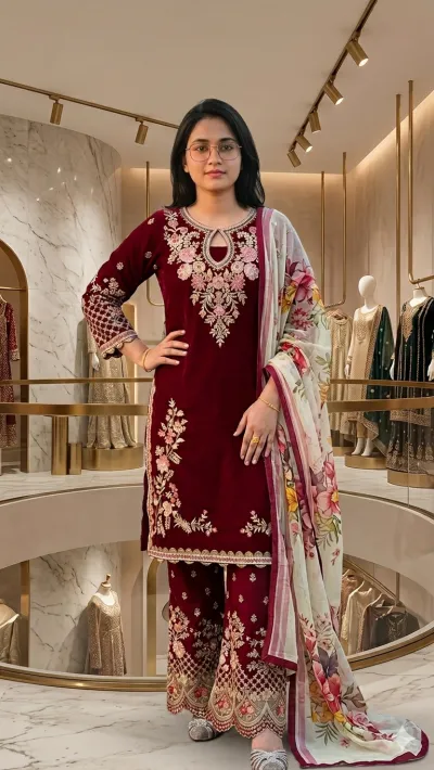Eid Garara Dress CollectionDesign: Merun gararaFabrics: CottonKamiz: Cotton Embroidery workSelowar: Cotton Embroidery workOrna jorjet Digital printKamiz Long: 38/40Body Size: M, L, XL,Size Measurement:M=38/40L=42XL=44/46_img_0