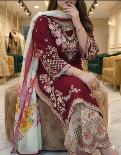 Eid Garara Dress CollectionDesign: Merun gararaFabrics: CottonKamiz: Cotton Embroidery workSelowar: Cotton Embroidery workOrna jorjet Digital printKamiz Long: 38/40Body Size: M, L, XL,Size Measurement:M=38/40L=42XL=44/46_img_1