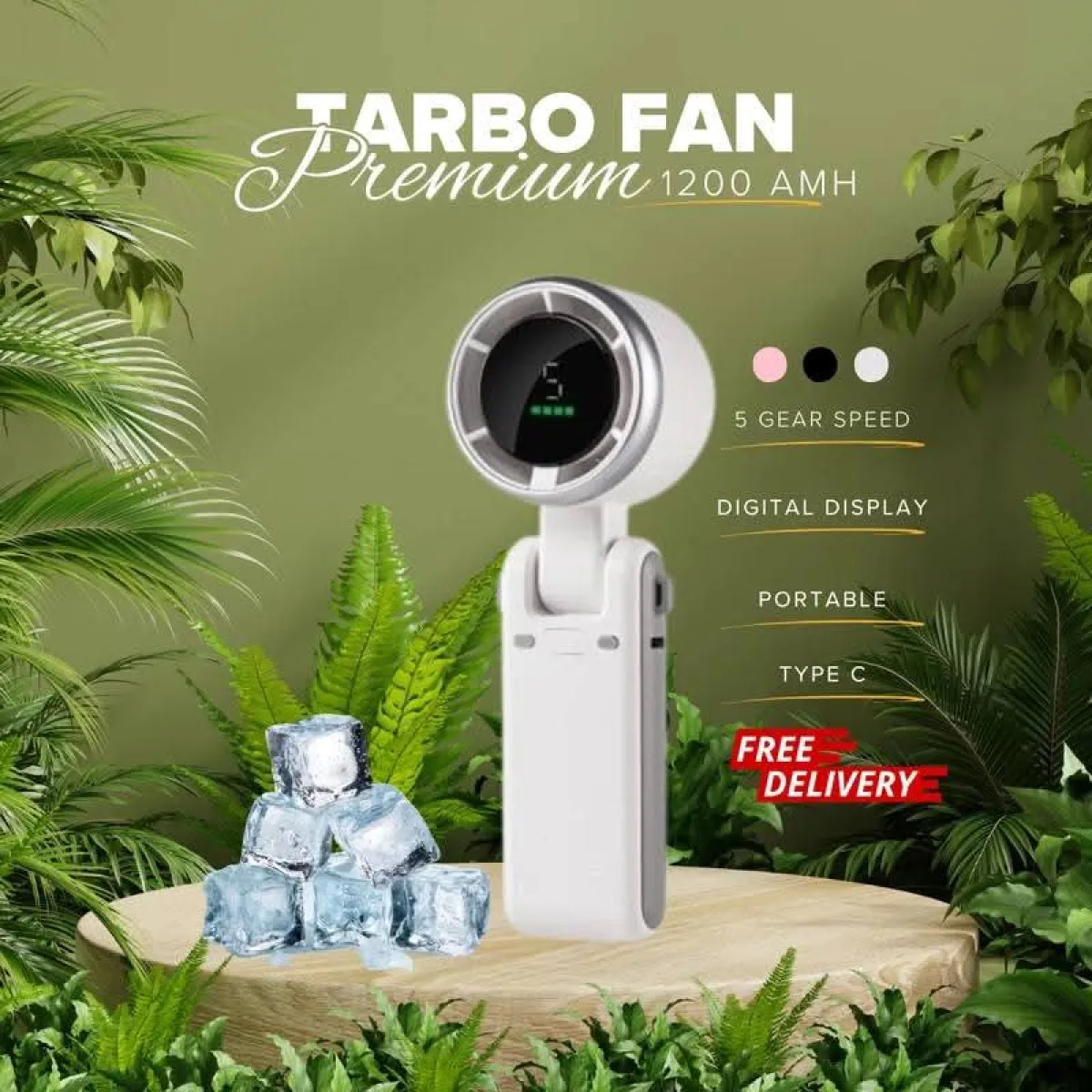 Portable Mini Turbo Fan – 5-Speed, 1800 mAh Battery, USB-C Rechargeable