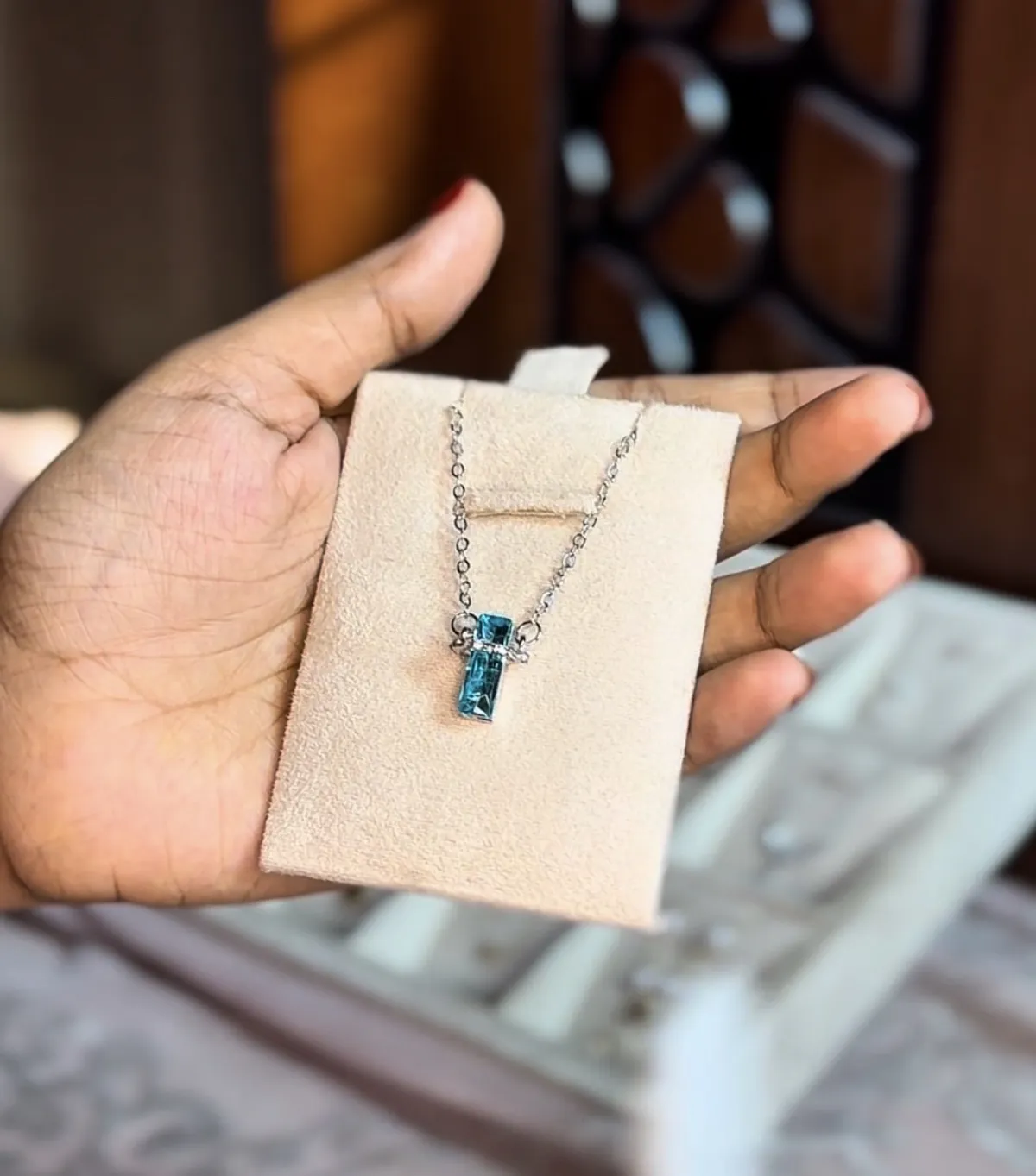 Blue Emerald Cut Stone Ethereal Pendant (With Box)