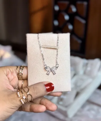Crystal Ribbon Bow Silver Dainty Necklace (With Box)_img_0