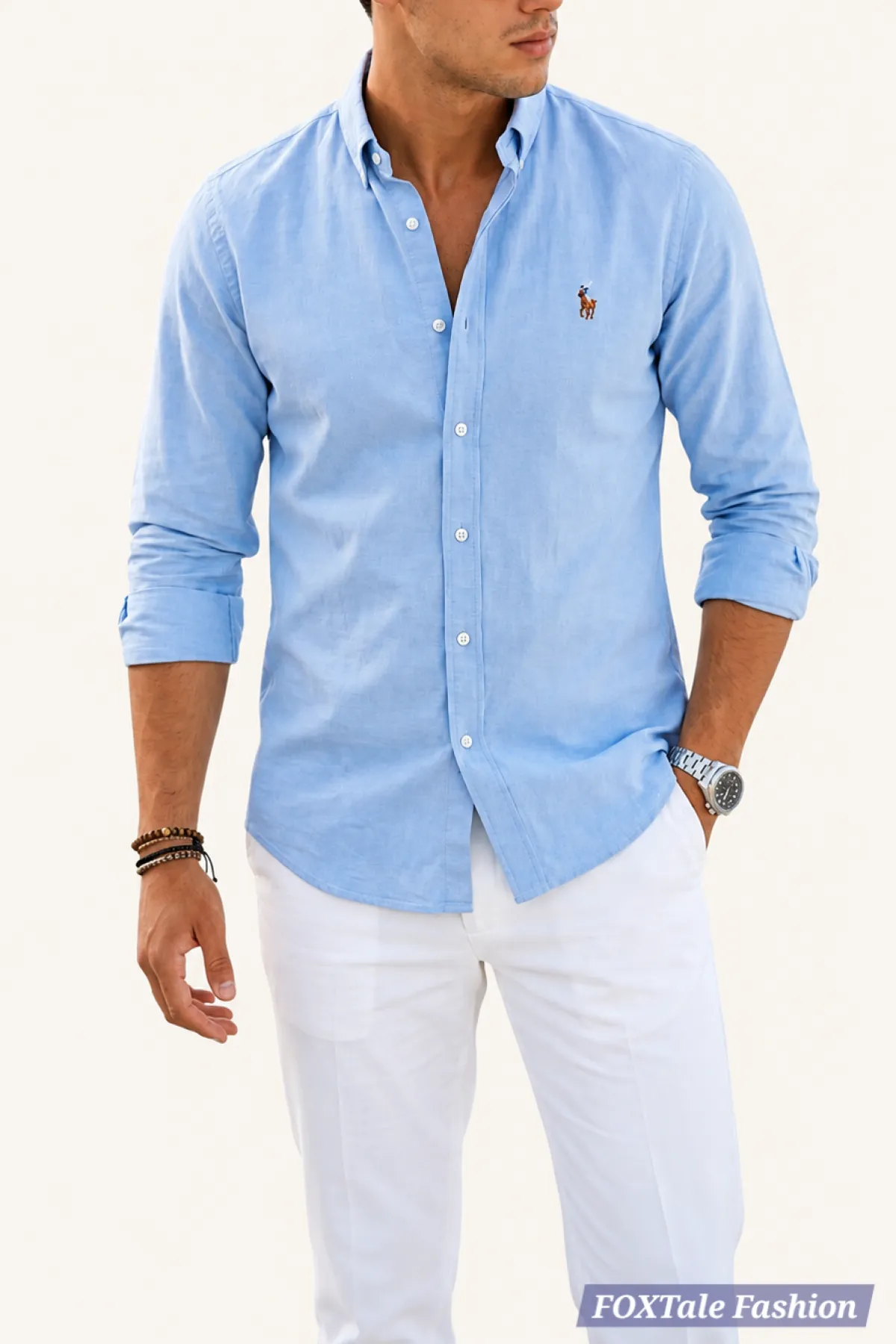 Men's Premium Sky Blue Long-Sleeve Oxford Cotton Shirt - Image 1