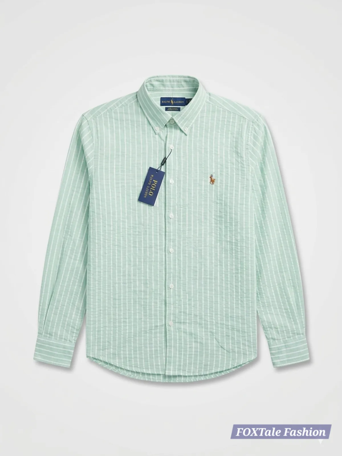 Men's Slim Fit Light Green Striped Oxford Cotton Shirt - Image 2