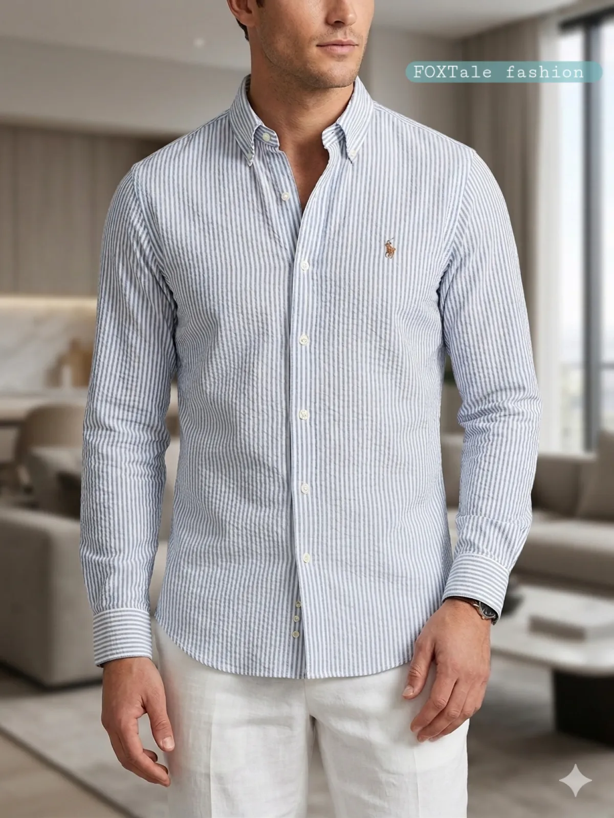 Men's Premium Light Blue White Vertical Stripes Oxford Cotton shirt - Image 2