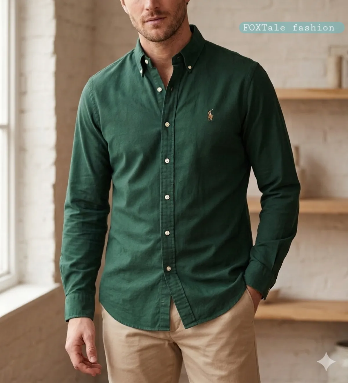 Men's Premium Forest Green Long-sleeve Oxford Cotton Shirt - Image 2