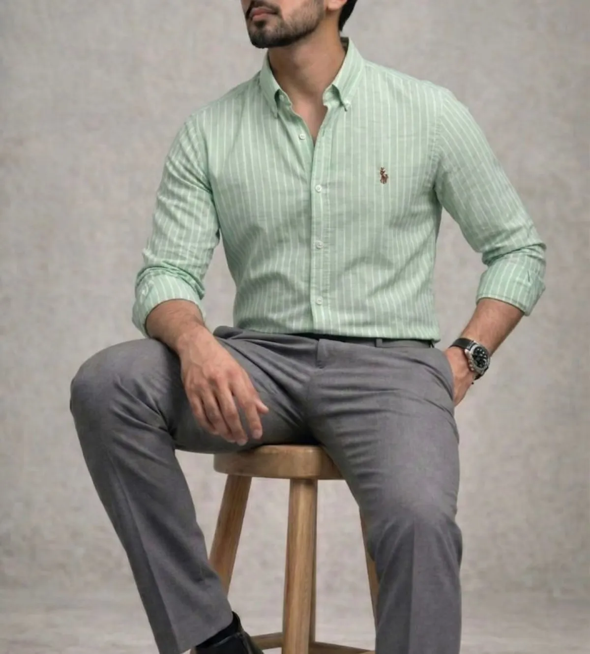 Men's Slim Fit Light Green Striped Oxford Cotton Shirt - Image 1