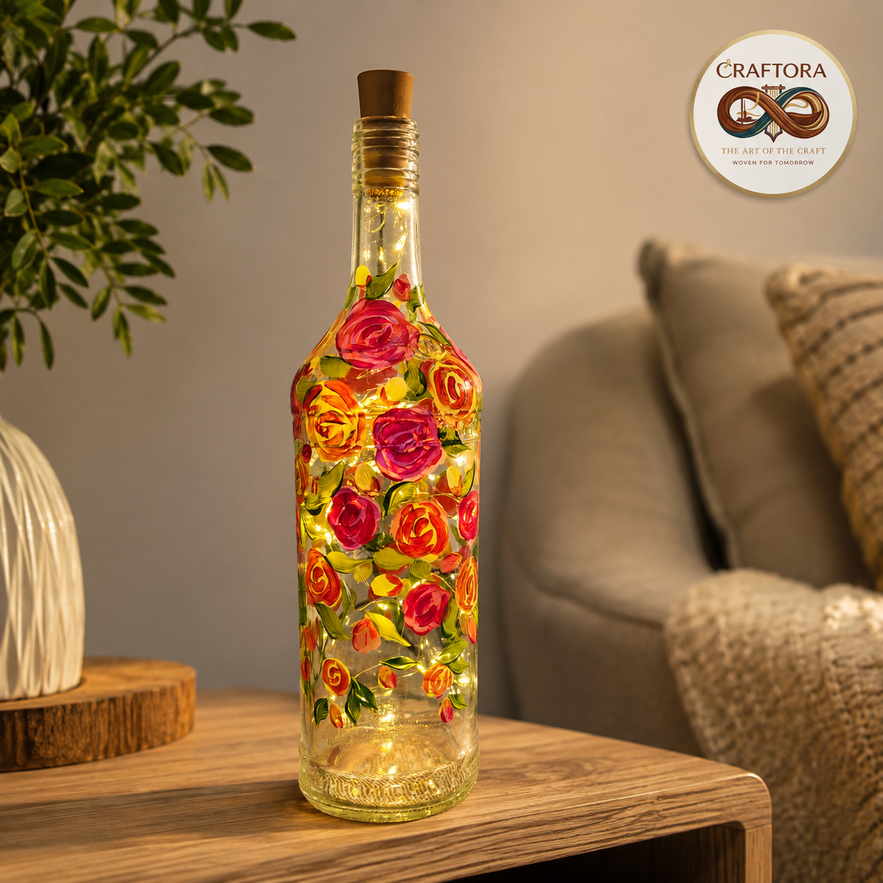 Hand-Painted Multicoloured Roses Bottle Lamp