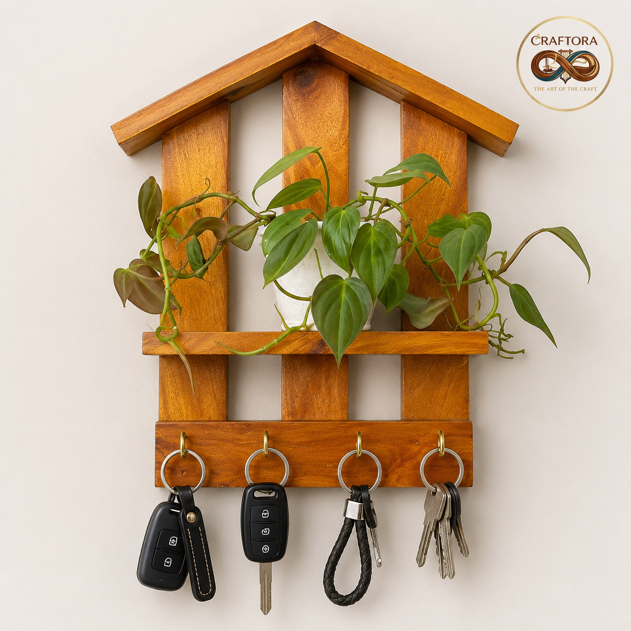 Wall-Mounted Wooden Key Holder with Plant Shelf