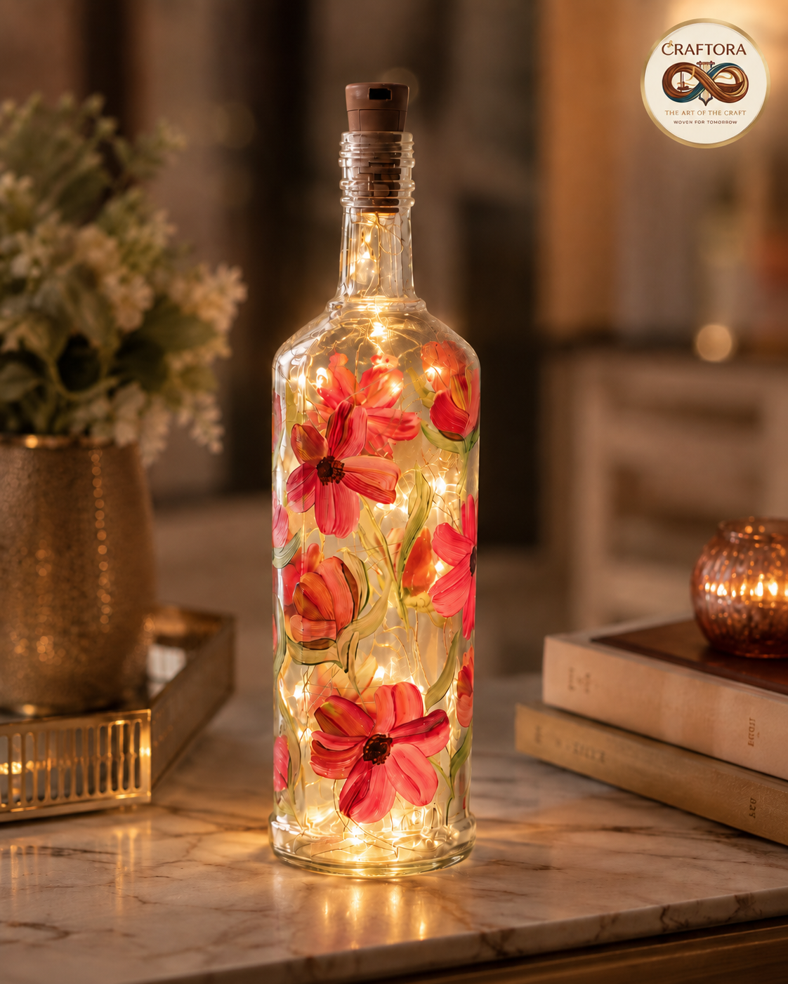 Hand-Painted Cosmos Flower Bottle Lamp