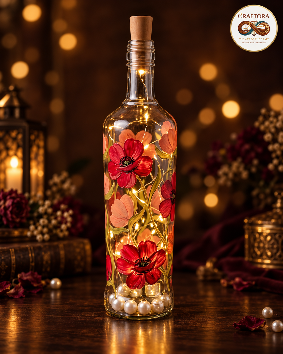 Hand-Painted Illuminated Poppy Bottle Lamp