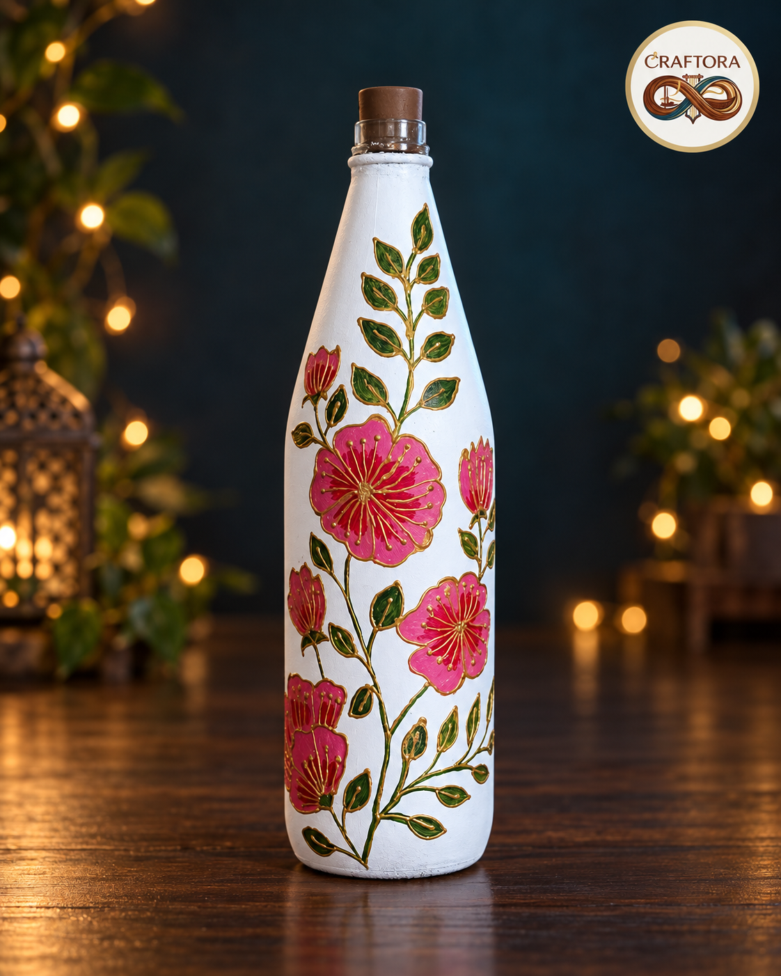 Hand-painted Wild Rose decorative glass bottle