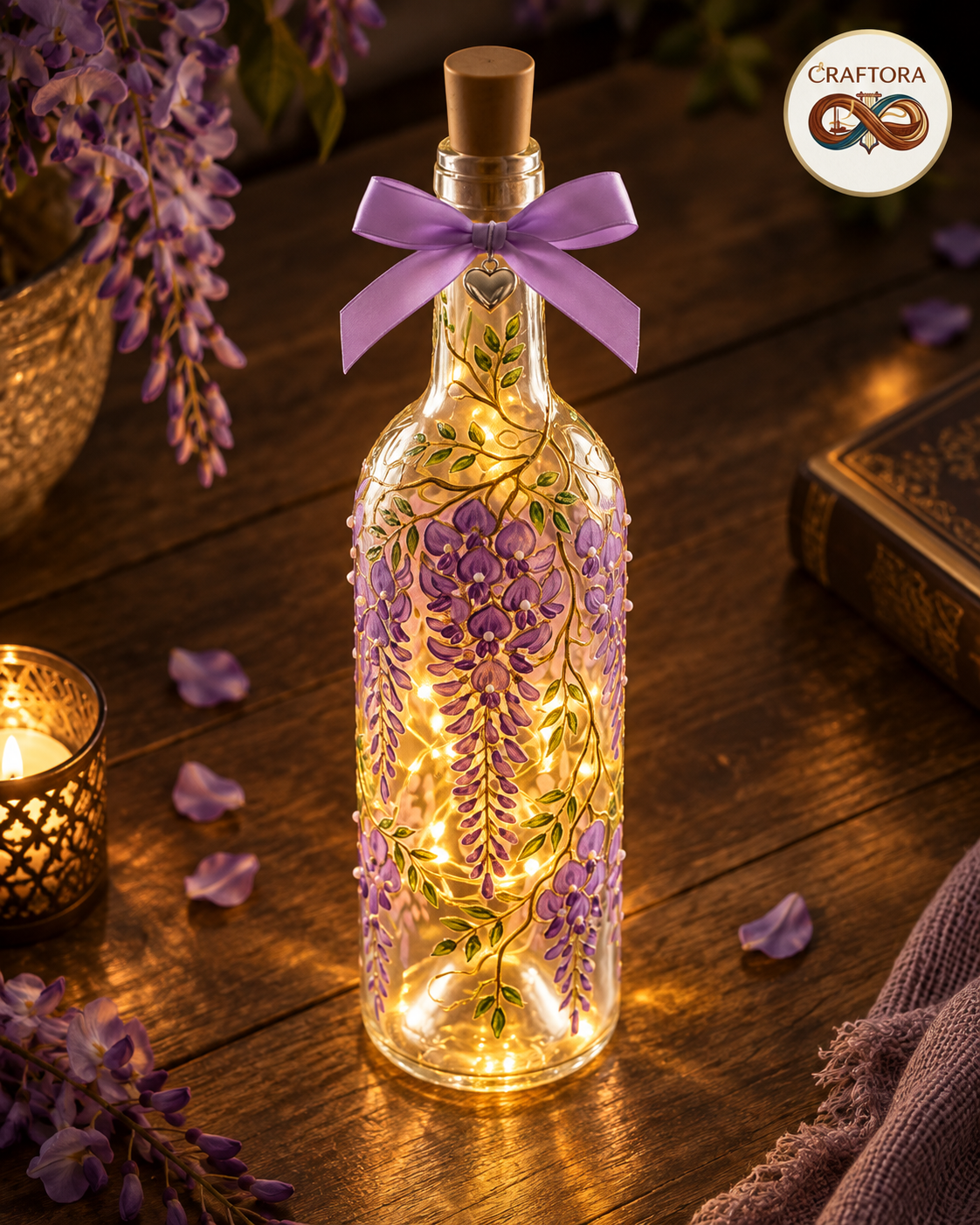Hand-painted Purple Wisteria Glow Bottle Lamp