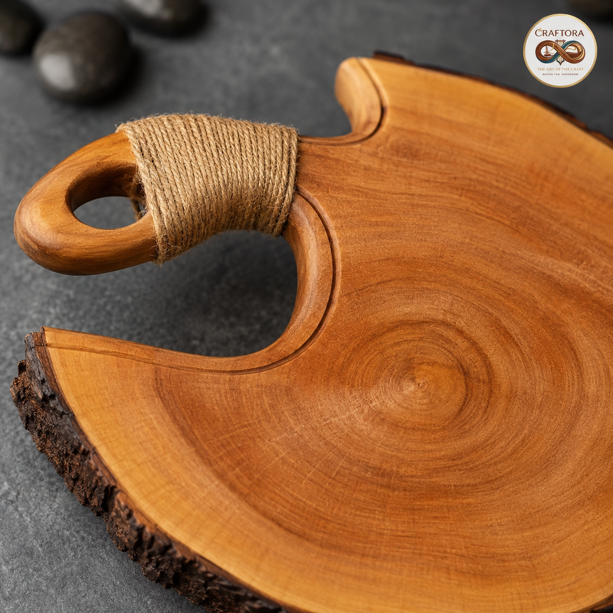 Live Edge Wooden Serving Tray with Jute Handle