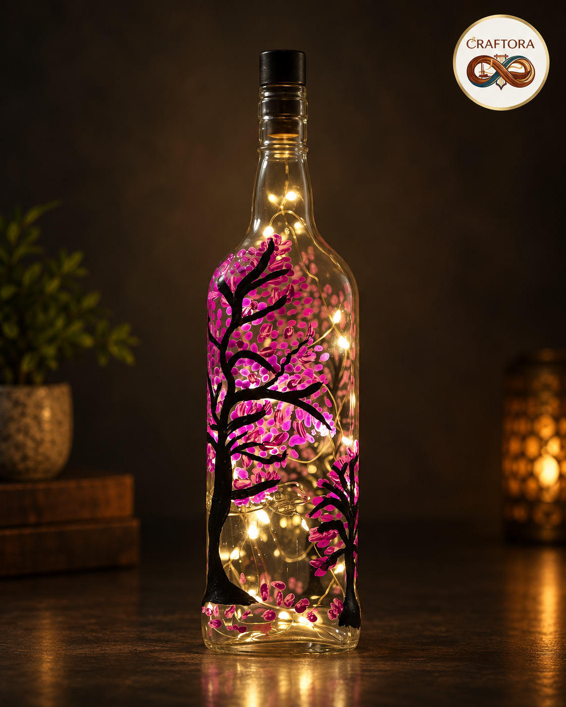 Hand-Painted Sakura Glow Bottle Lamp