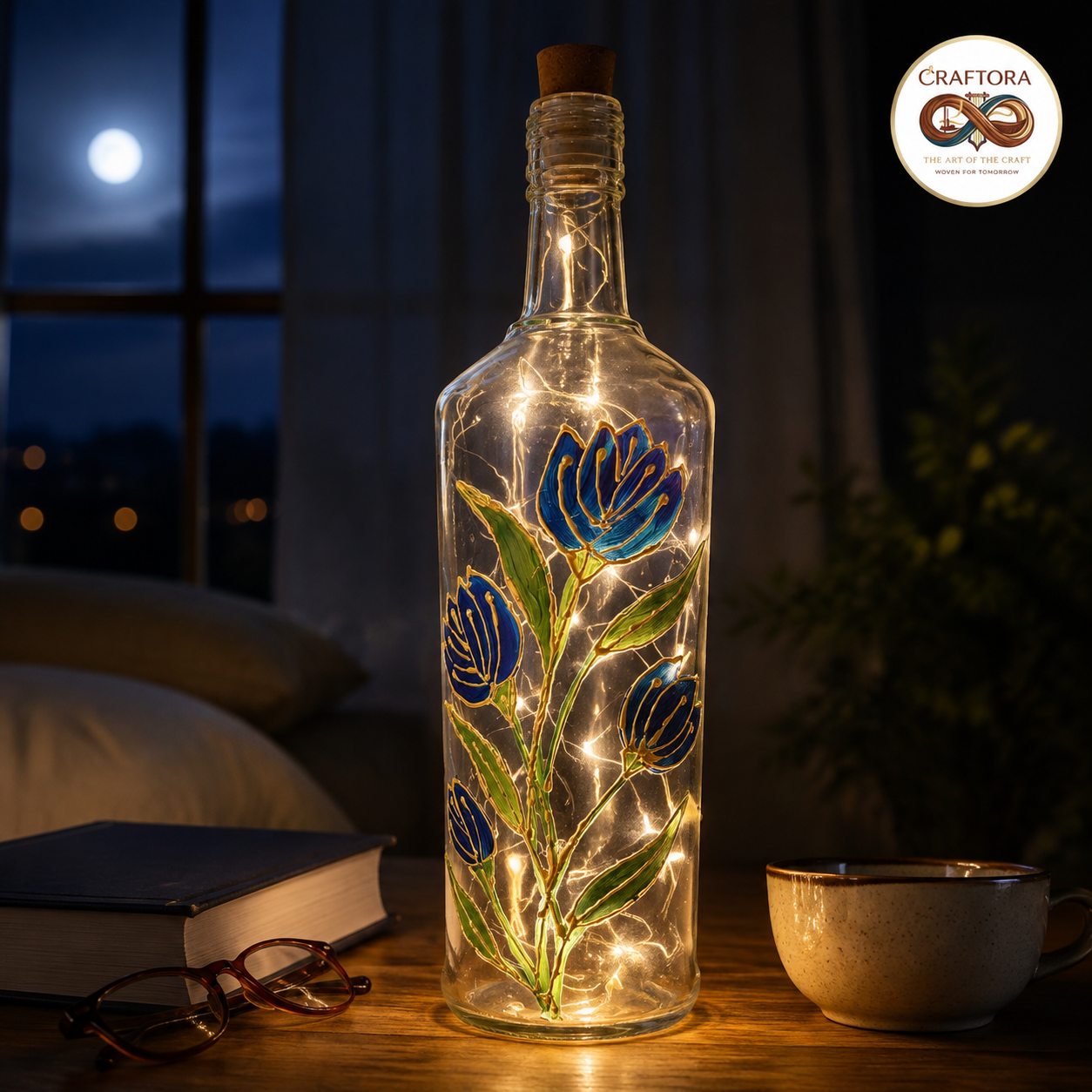 Hand-Painted Stylized blue lily Flower Bottle Lamp