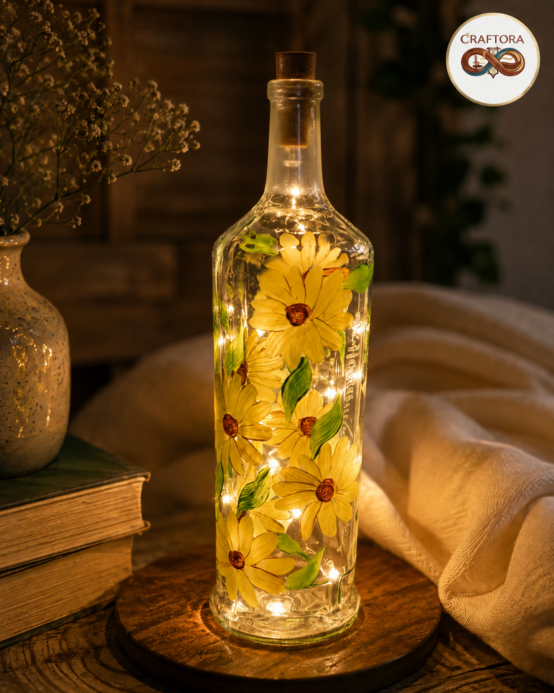 Hand-Painted Sunflower Bottle Lamp
