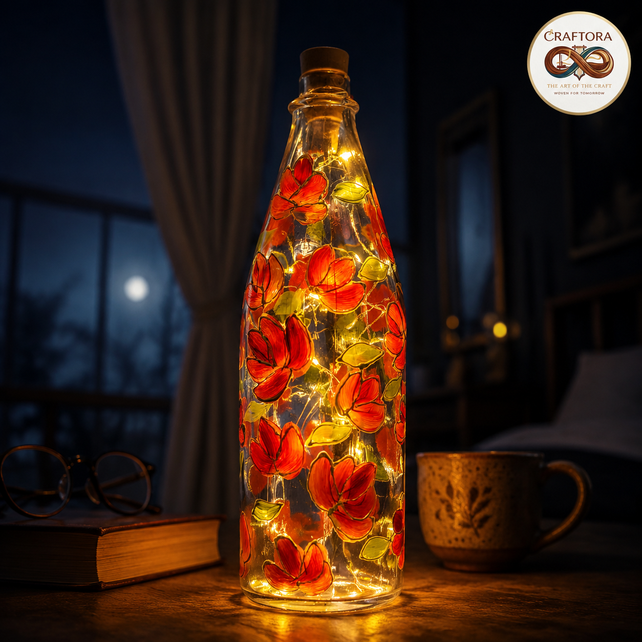 Hand-Painted Red magnolia flower Bottle Lamp