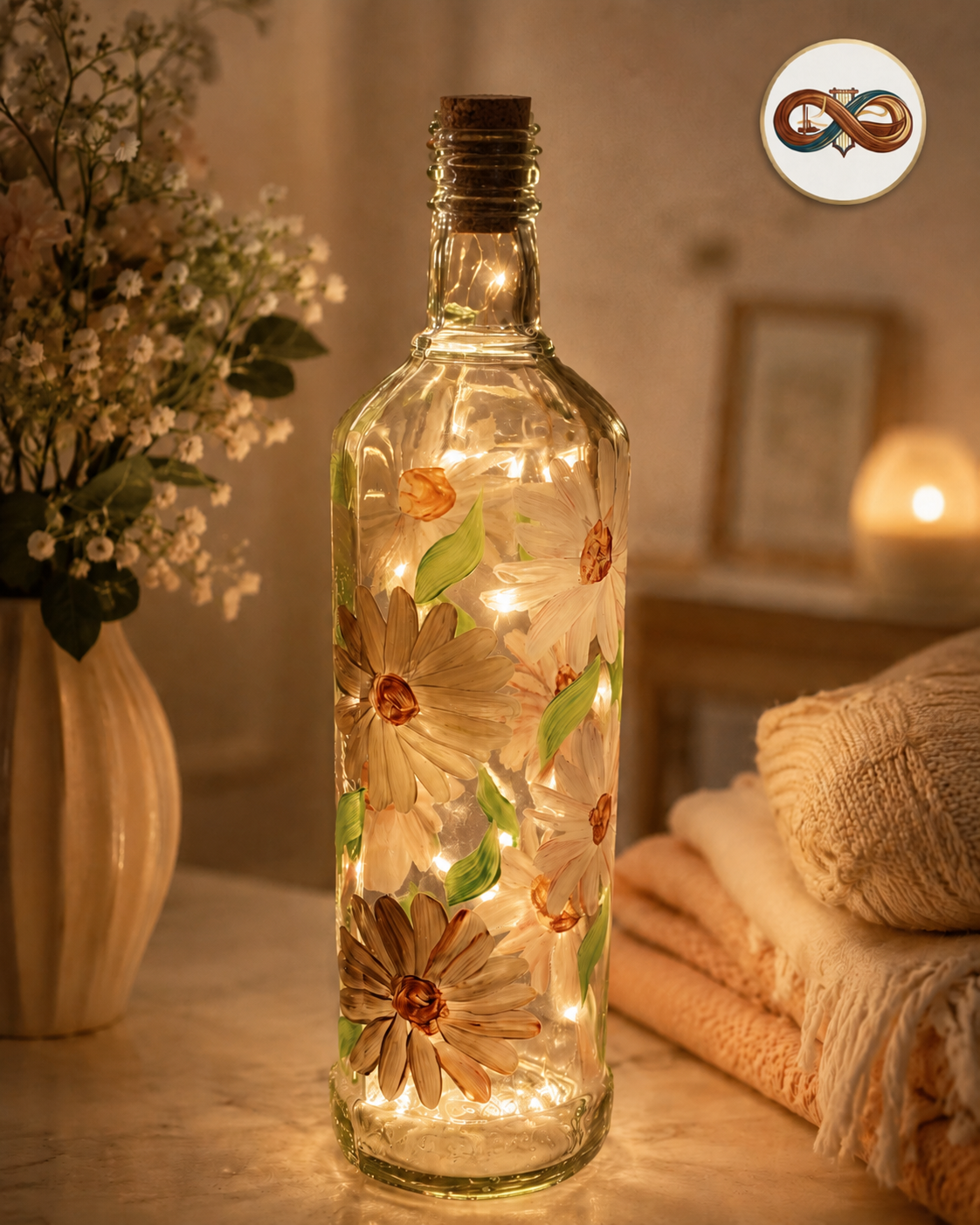 Hand-Painted Daisy Flower Bottle Lamp