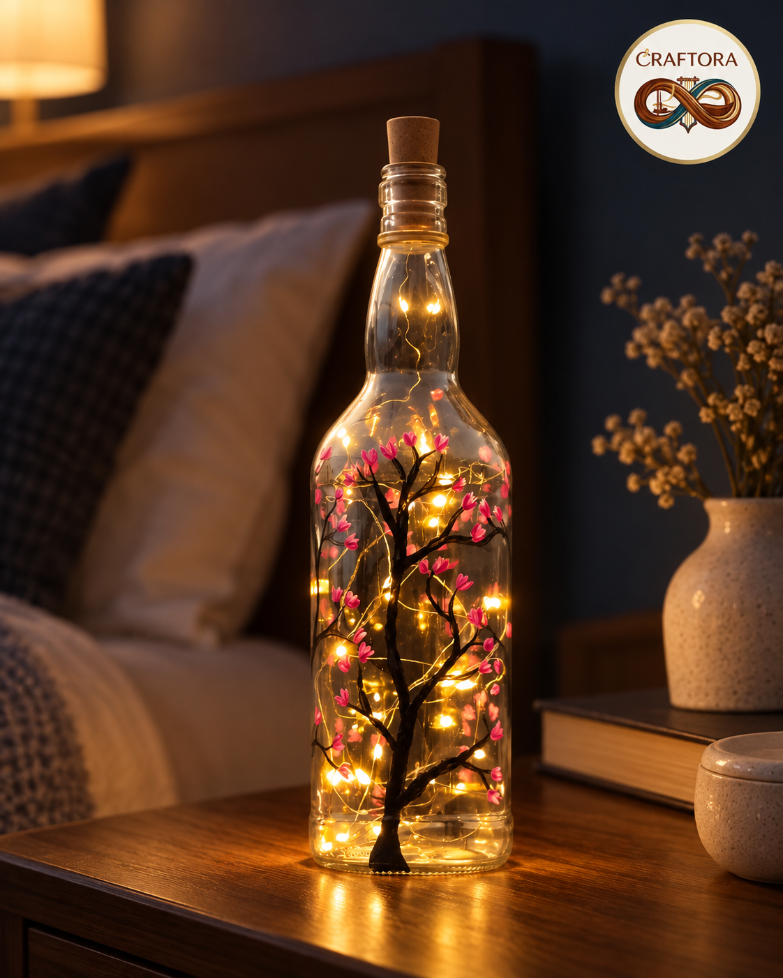 Hand-Painted Craftora Sakura Glow Bottle Lamp