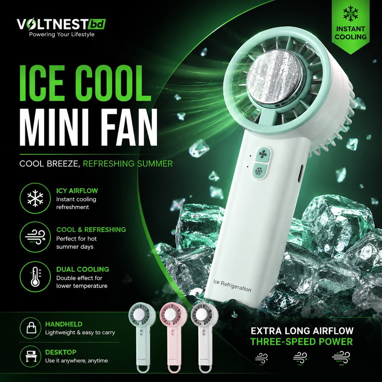 Ice Refrigeration Portable Mini Fan USB Charging Handheld & Desktop Cooling Fan Long Battery Life