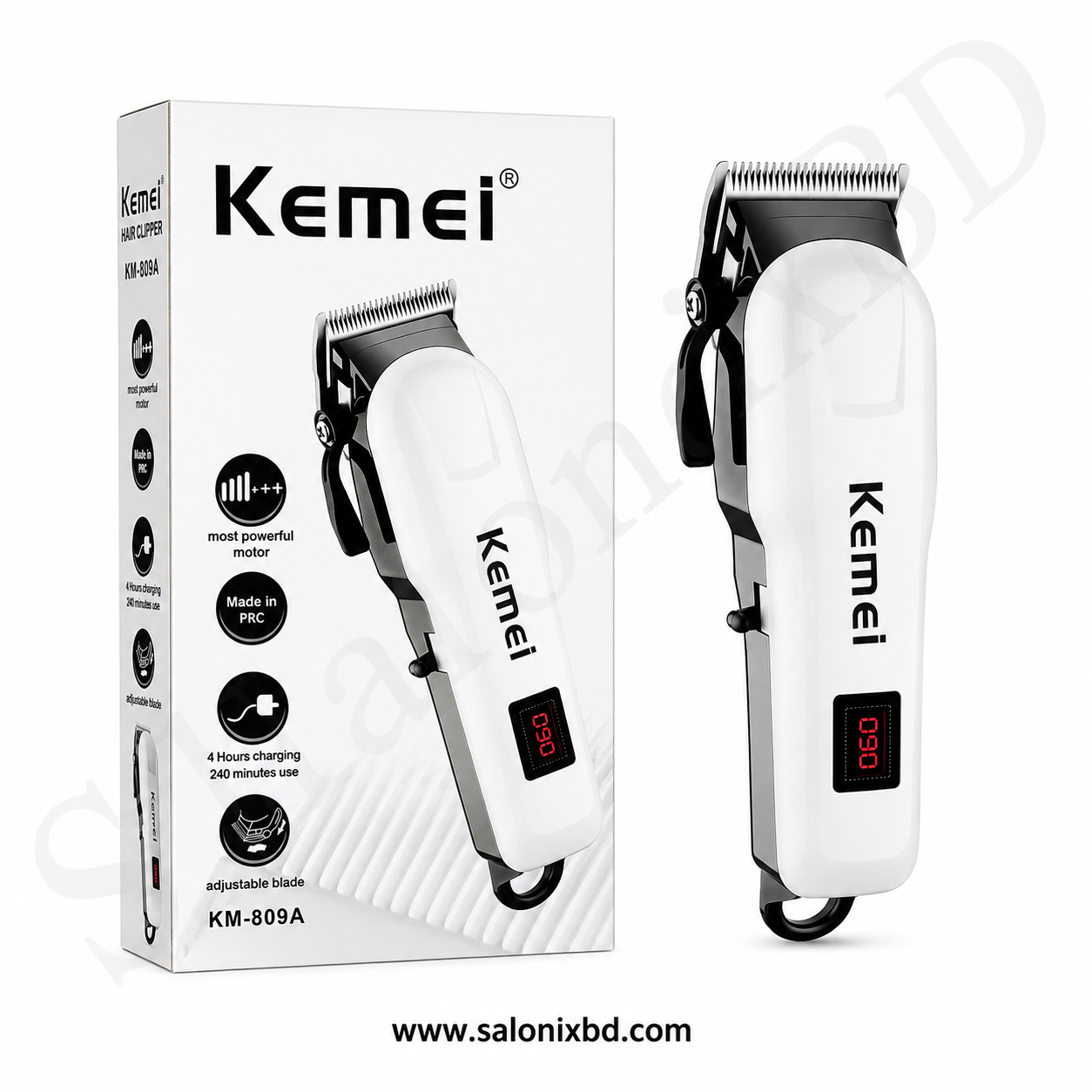 Kemei KM-809A Professional Hair Clipper হলো সেলুন, বার্বারশপ এবং ব্যক্তিগত ব্যবহারের জন্য একটি শক্তিশালী ও নির্ভরযোগ্য হেয়ার ক্লিপার