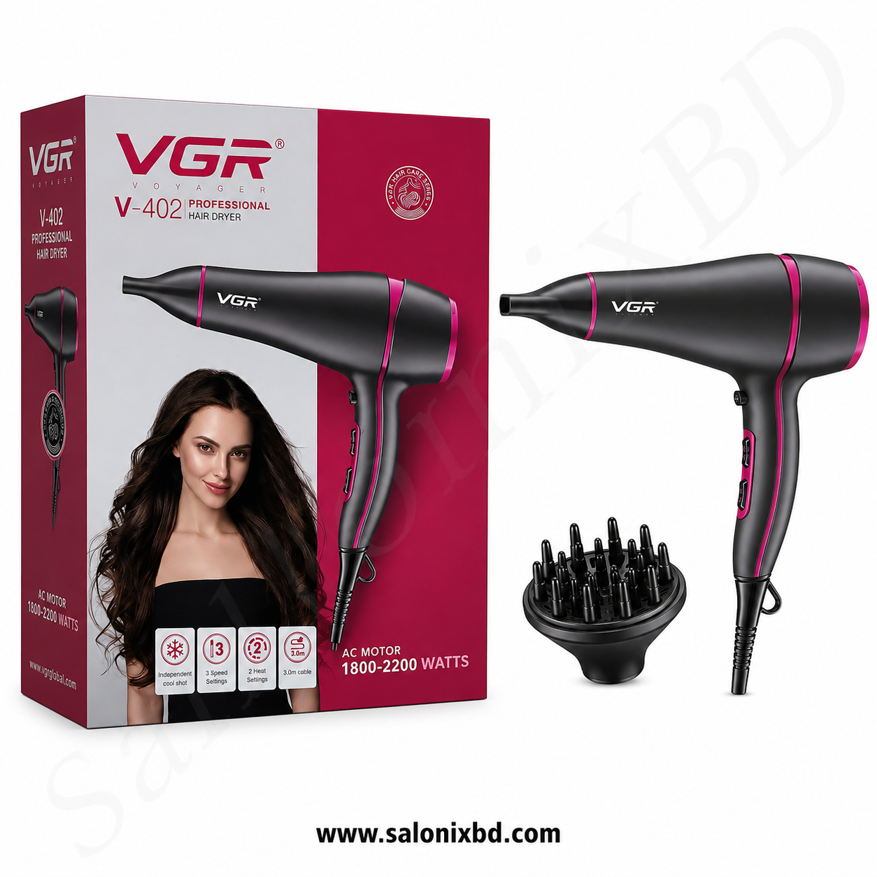 VGR V-402 Professional Hair Dryer – 1800–2200W একটি শক্তিশালী V.I.P মানের প্রফেশনাল হেয়ার ড্রায়ার