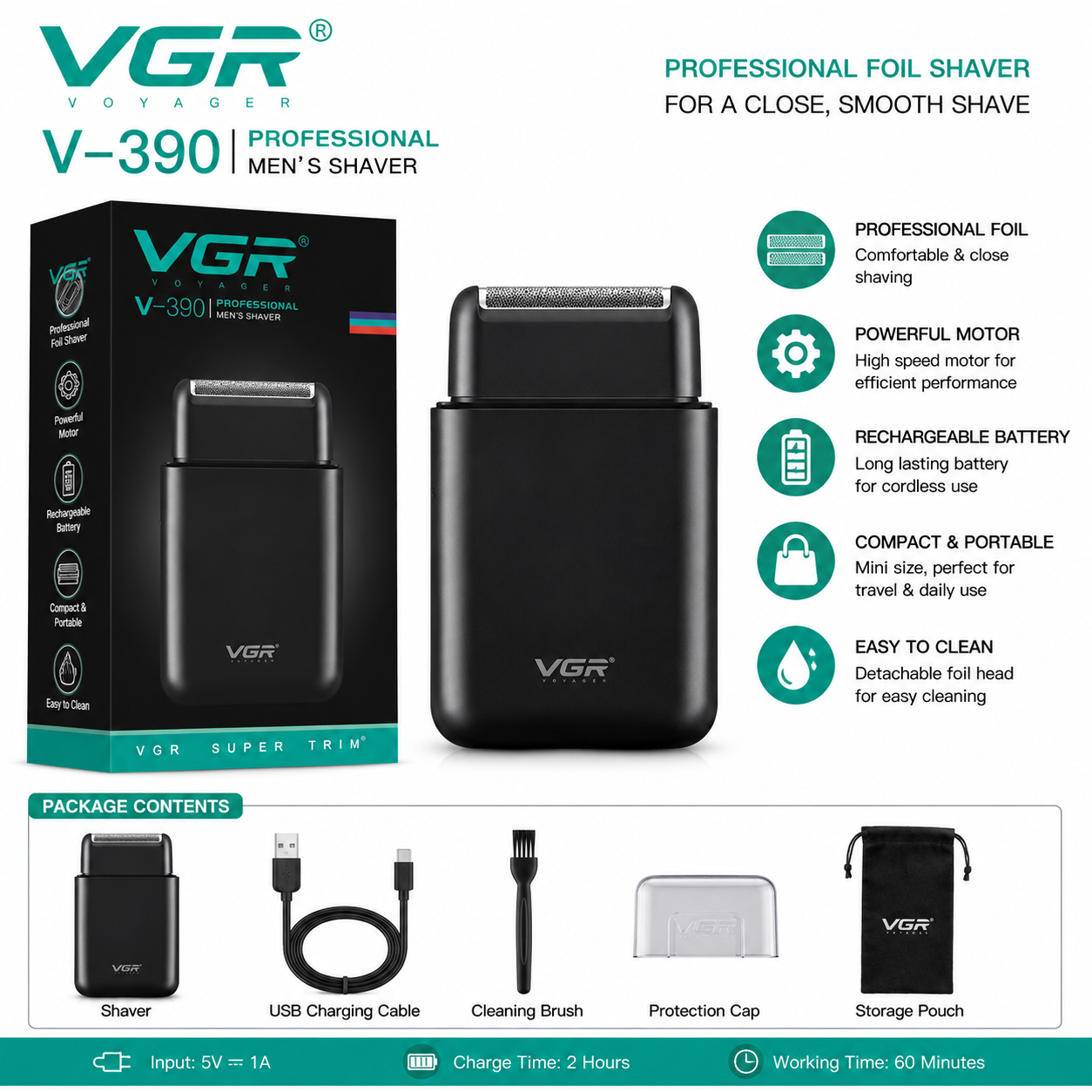 VGR V-390 Professional Men’s Shaver পুরুষদের দৈনন্দিন দাড়ি শেভিং ও গ্রুমিংয়ের জন্য একটি কমপ্যাক্ট রিচার্জেবল ফয়েল শেভার thumbnail 2
