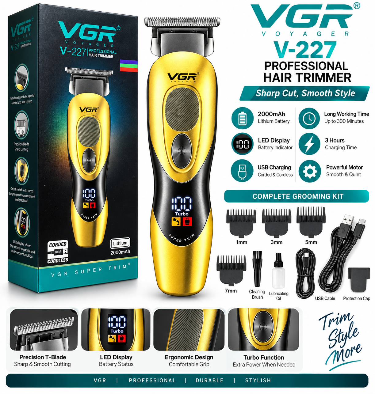 VGR V-227 Professional Hair Trimmer একটি প্রিমিয়াম মানের কর্ডলেস হেয়ার ট্রিমার, যা পেশাদার সেলুন, বারবার শপ এবং ব্যক্তিগত ব্যবহারের জন্য উপযোগী