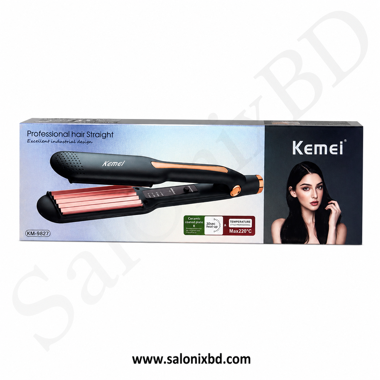 Kemei KM-9827 Professional Hair Straightener & Crimper হলো একটি প্রফেশনাল মানের হেয়ার স্টাইলিং টুল, যা চুল স্ট্রেইট করা এবং ক্রিম্প (Crimp)