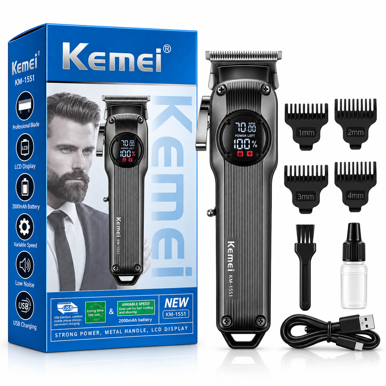 Kemei KM-1551 Professional Hair Clipper একটি শক্তিশালী ও প্রফেশনাল রিচার্জেবল হেয়ার ক্লিপার