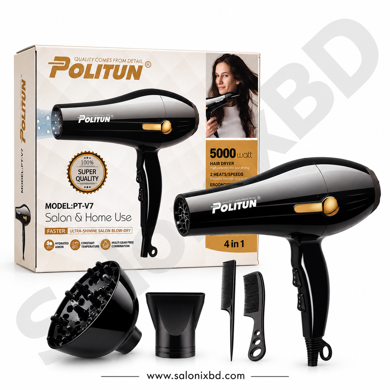 Politun PT-V7 Professional Hair Dryer (5000W) হলো সেলুন ও ব্যক্তিগত ব্যবহারের জন্য উপযুক্ত একটি শক্তিশালী হেয়ার ড্রায়ার