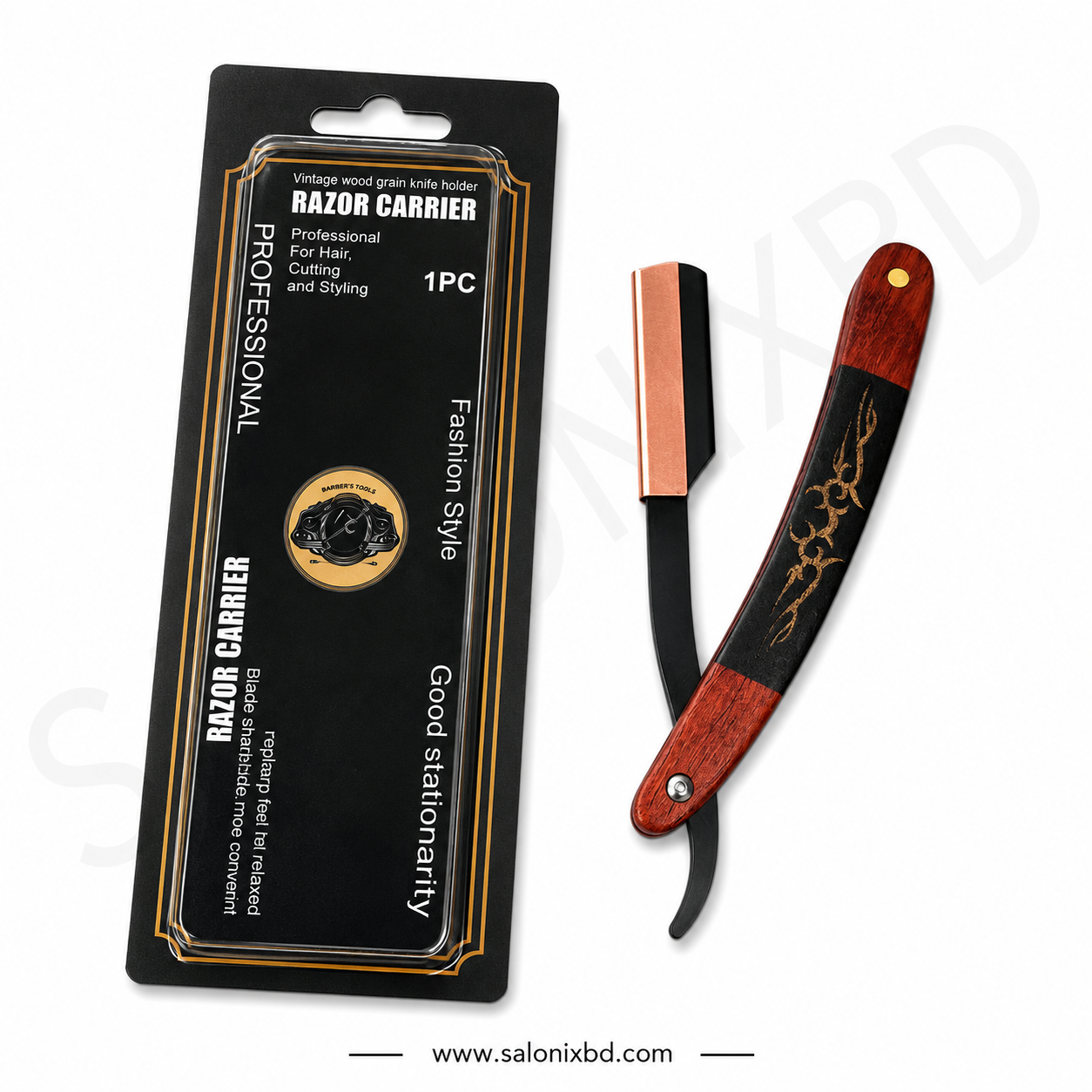 Professional barber straight edge razor featuring a foldable wooden handle and a stainless steel blade holder. (2