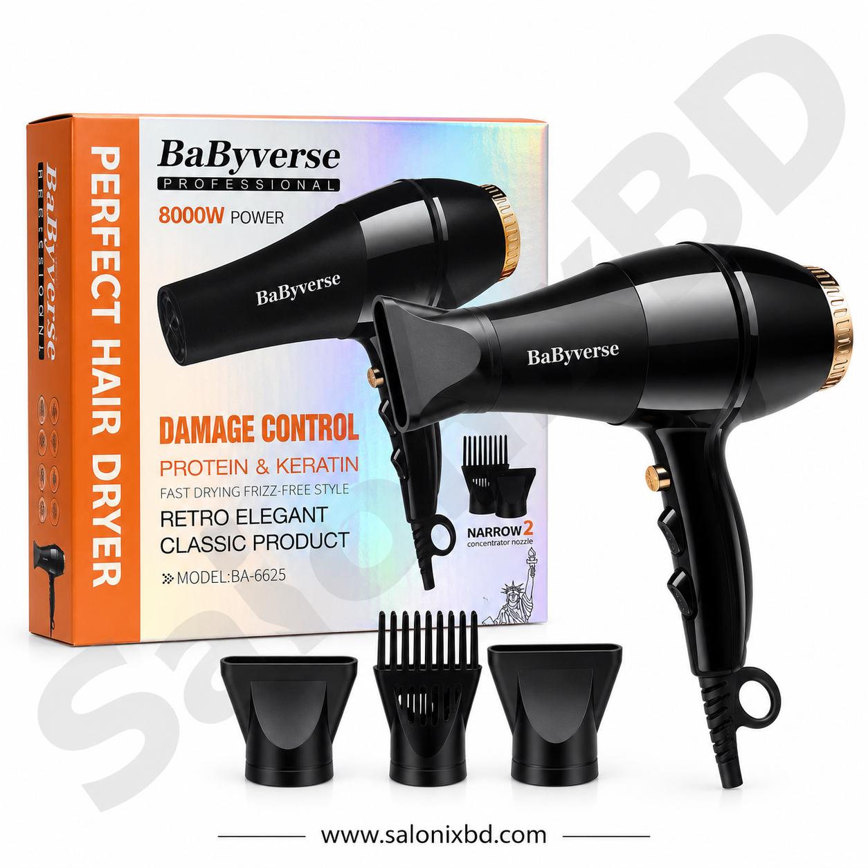 BaByverse Professional 8000W Hair Dryer (Model: BA-6625) দ্রুত, নিরাপদ এবং কার্যকরভাবে চুল শুকানোর জন্য ডিজাইন করা একটি শক্তিশালী হেয়ার ড্রায়ার