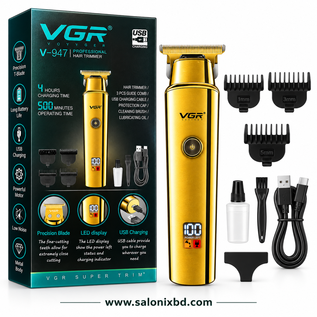 VGR V-947 Professional Hair Trimmer একটি প্রিমিয়াম মানের রিচার্জেবল টি-ব্লেড ট্রিমার