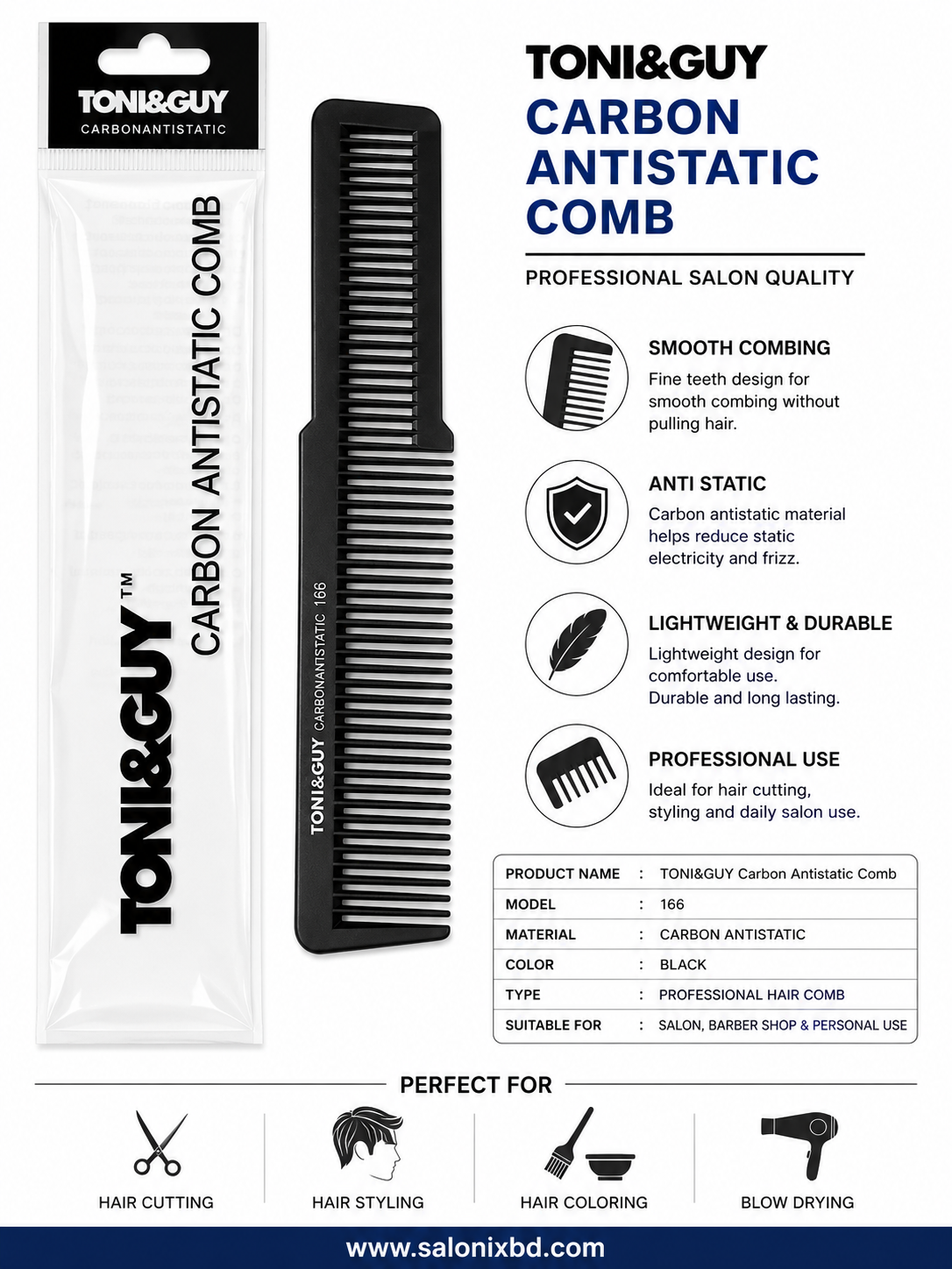 TONI&GUY Carbon Antistatic Comb 166 – Professional Hair Comb