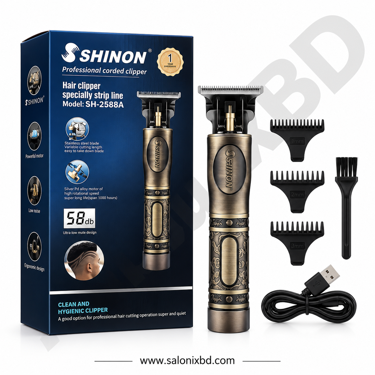 SHINON SH-2588A Professional Hair Clipper একটি শক্তিশালী ও টেকসই হেয়ার ক্লিপার, যা পেশাদার সেলুন,এবং ব্যক্তিগত