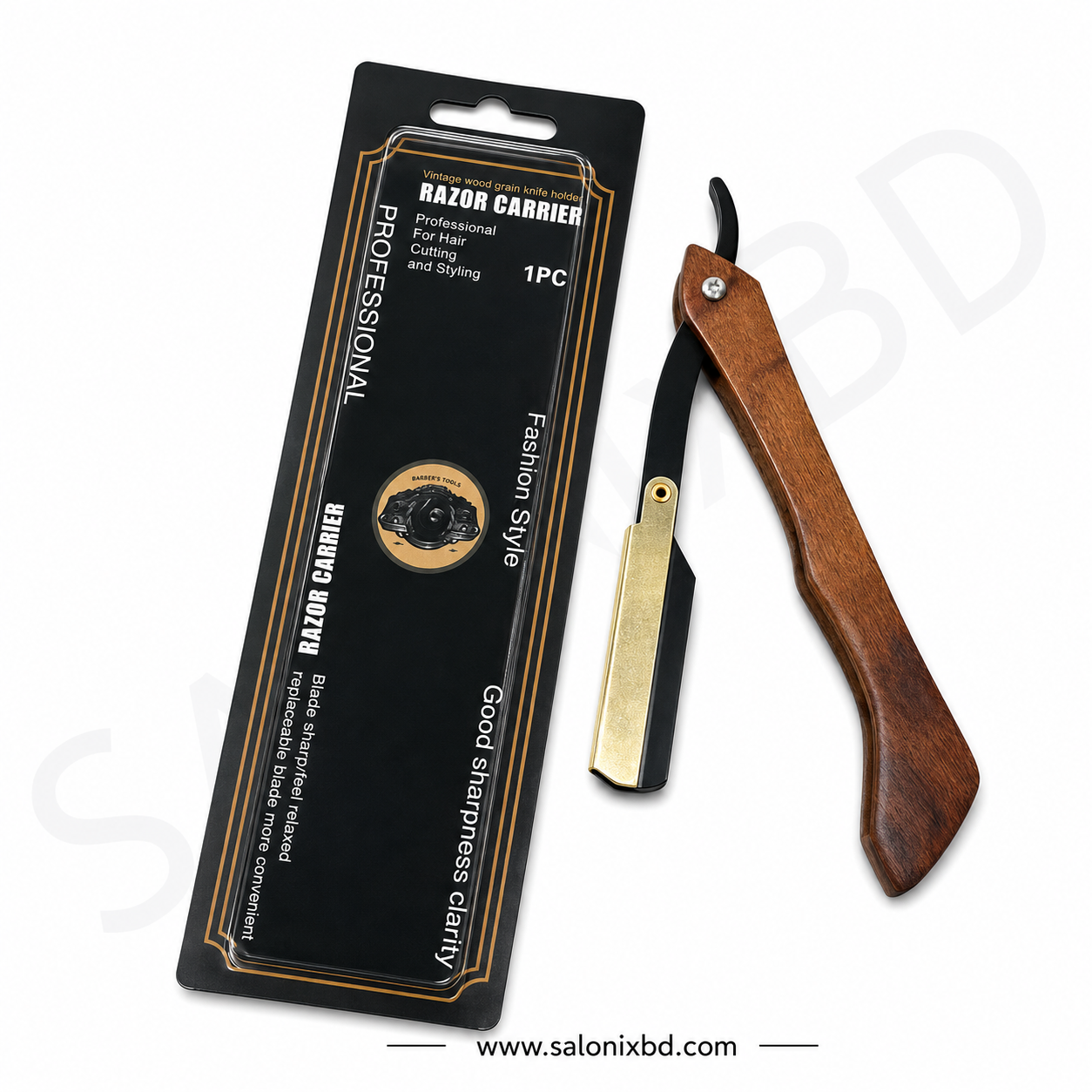 Professional barber straight edge razor featuring a foldable wooden handle and a stainless steel blade holder.