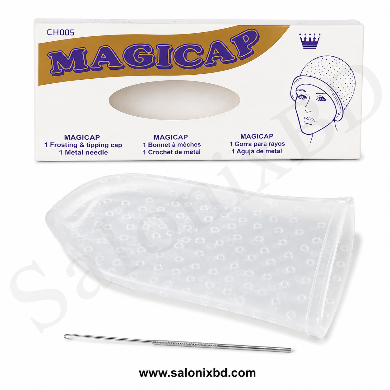 MAGICAP Frosting & Tipping Cap হলো চুলে হাইলাইট, ফ্রস্টিং, টিপিং ও সিলেক্টিভ হেয়ার কালার করার জন্য ব্যবহৃত একটি প্রফেশনাল সেলুন টুল