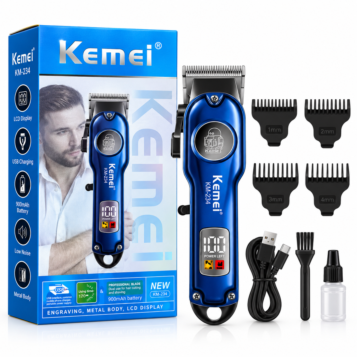 Kemei KM-234 Professional Hair Clipper একটি রিচার্জেবল প্রফেশনাল ক্লিপার, যা চুল কাটা, দাড়ি ট্রিমিং, ফেডিং