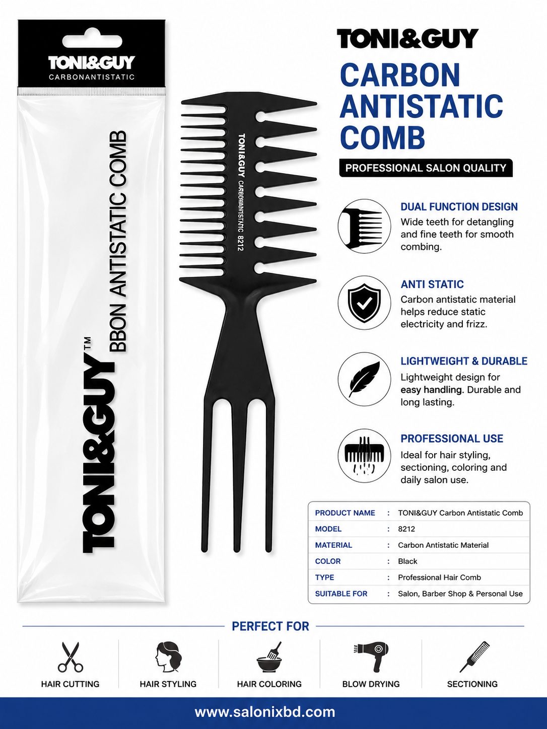 TONI&GUY Carbon Antistatic Comb 8212 – Professional Wide Tooth Hair Comb