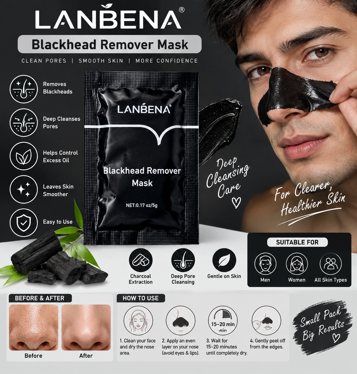 LANBENA Blackhead Remover Mask 5g নাক ও মুখের ব্ল্যাকহেড, অতিরিক্ত তেল এবং জমে থাকা ময়লা পরিষ্কার করতে সহায়ক একটি পিল-অফ মাস্ক