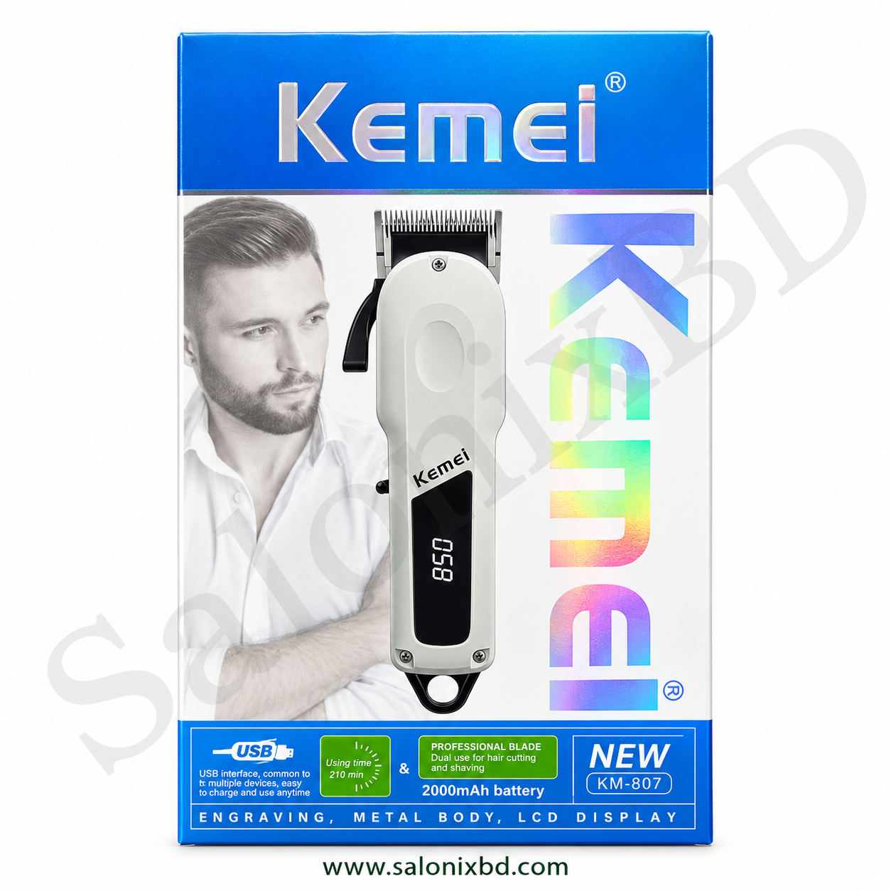 Kemei KM-807 Professional Hair Clipper হলো সেলুন, বার্বার শপ ও ব্যক্তিগত ব্যবহারের জন্য উপযোগী একটি শক্তিশালী রিচার্জেবল হেয়ার ক্লিপার