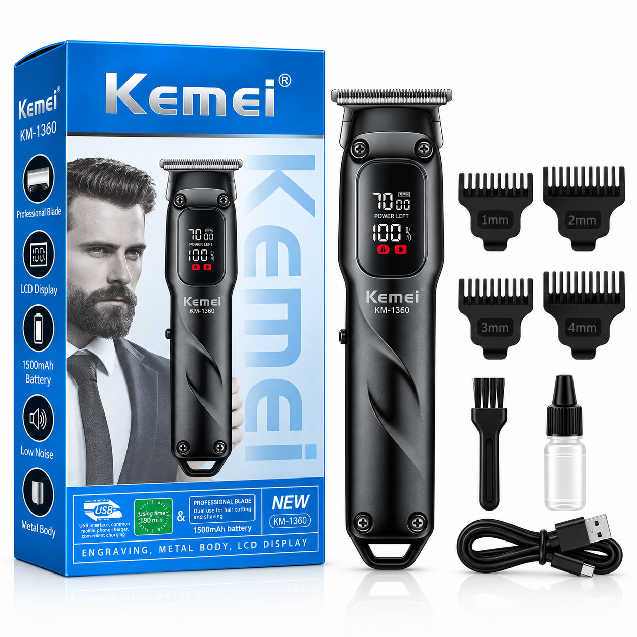 Kemei KM-1360 Professional Hair Trimmer একটি আধুনিক, শক্তিশালী ও রিচার্জেবল ট্রিমার