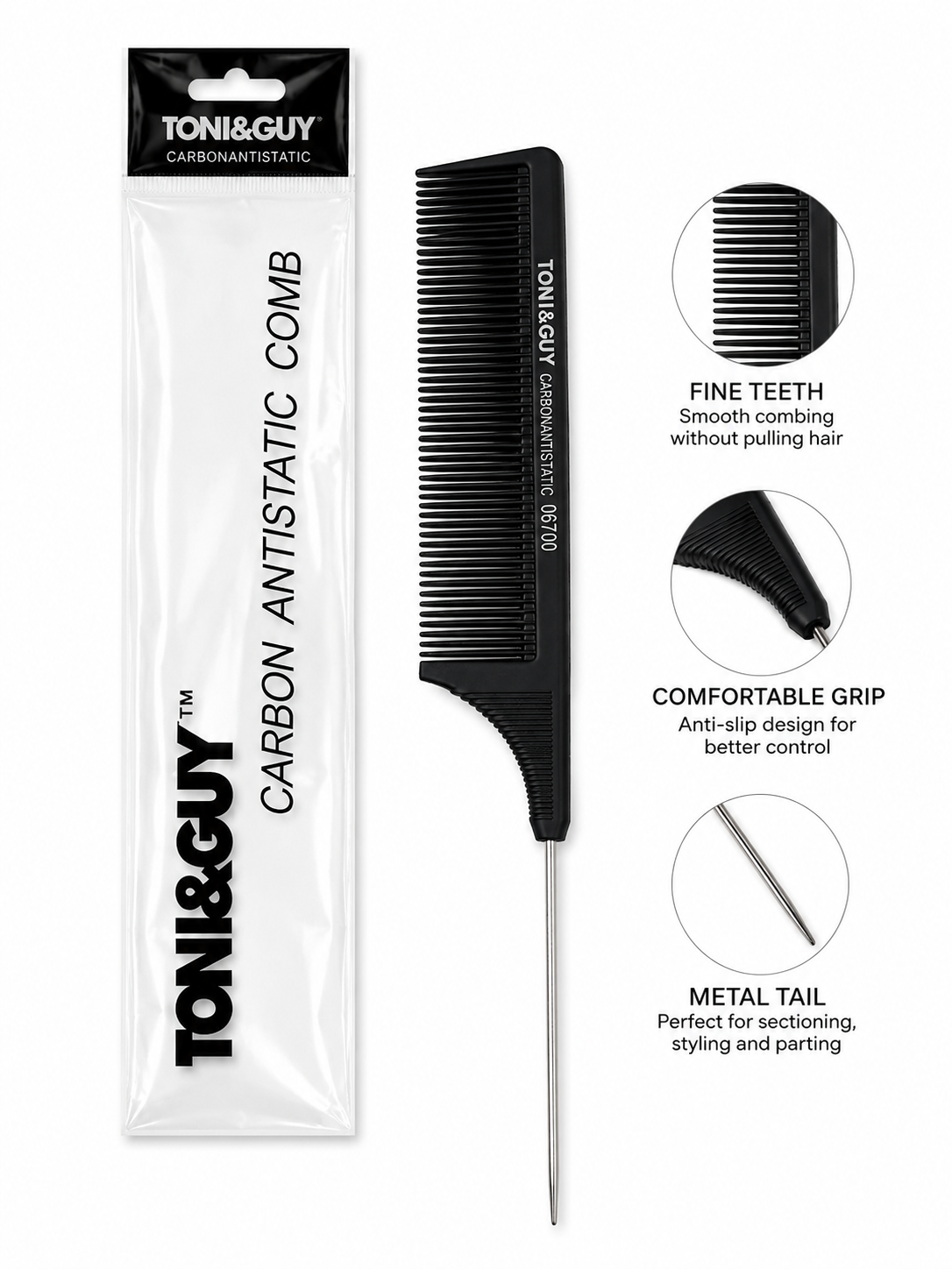 TONI&GUY Carbon Antistatic Metal Tail Comb 06700