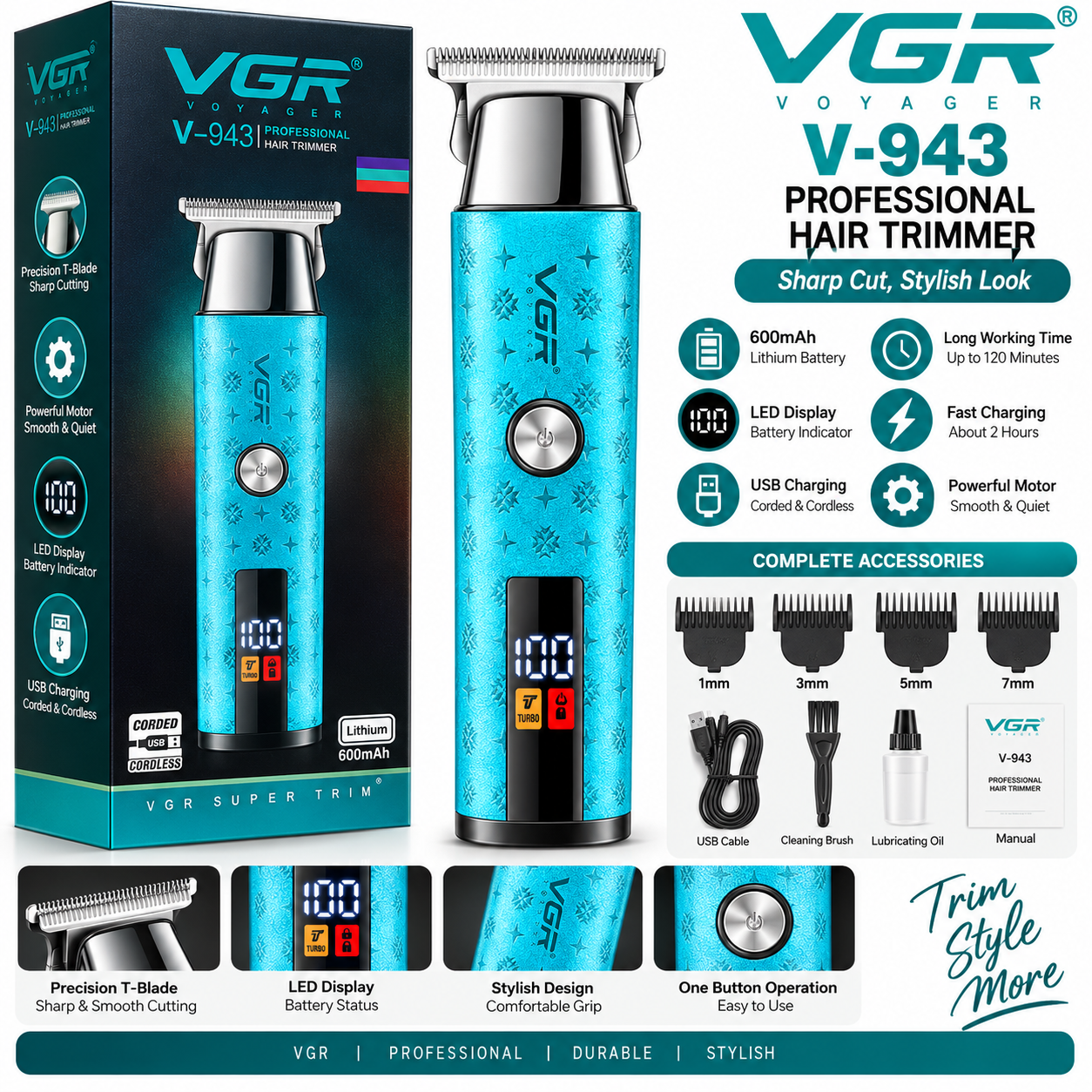 VGR V-943 Professional Hair Trimmer আধুনিক ডিজাইন, শক্তিশালী পারফরম্যান্স এবং নির্ভুল কাটিংয়ের সমন্বয়ে তৈরি একটি প্রিমিয়াম হেয়ার ট্রিমার