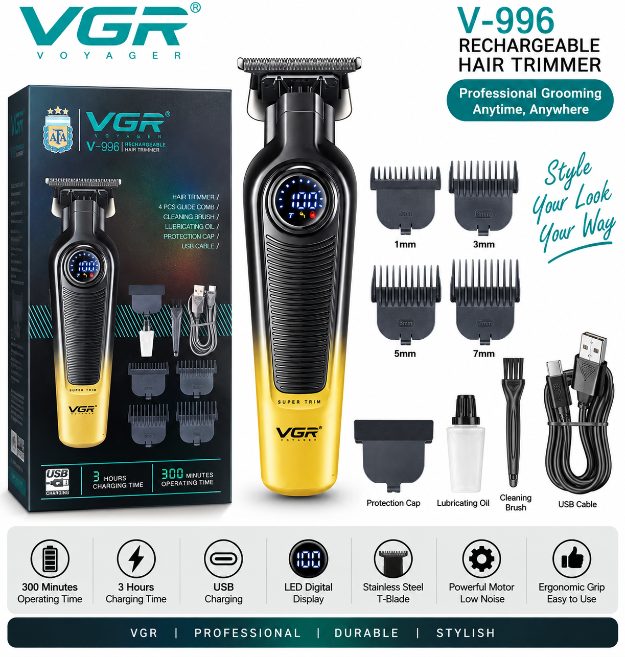 VGR V-996 Rechargeable Hair Trimmer একটি প্রিমিয়াম মানের কর্ডলেস ট্রিমার, যা সেলুন, বারবার শপ এবং ব্যক্তিগত ব্যবহারের জন্য উপযুক্ত