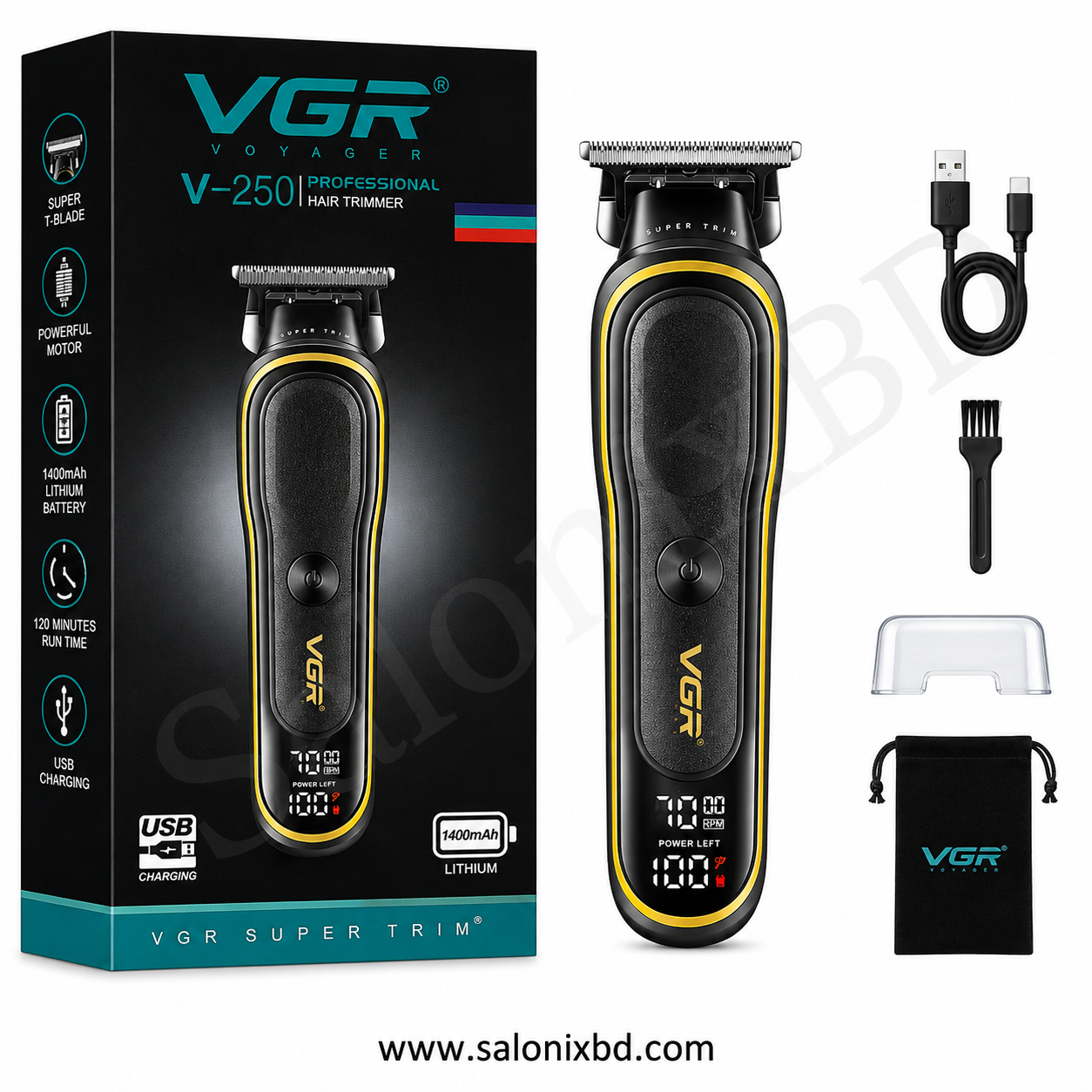 VGR V-250 Professional Hair Trimmer হলো সেলুন, বার্বার শপ ও ব্যক্তিগত ব্যবহারের জন্য উপযোগী একটি শক্তিশালী রিচার্জেবল হেয়ার ট্রিমার