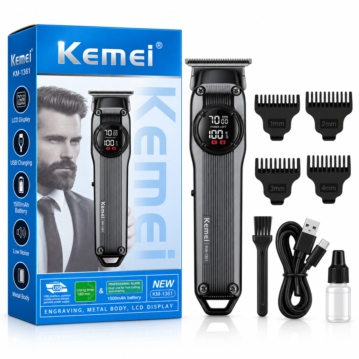 Kemei KM-1361 Professional Hair Trimmer একটি শক্তিশালী, আধুনিক ও রিচার্জেবল হেয়ার ট্রিমার